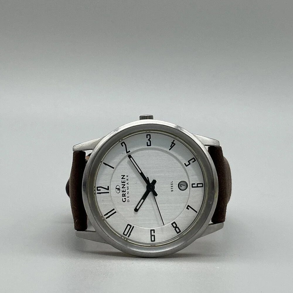 Grenen Denmark Mens Watch 38mm Silver Tone Leather Date L-24XLSLB New Battery
